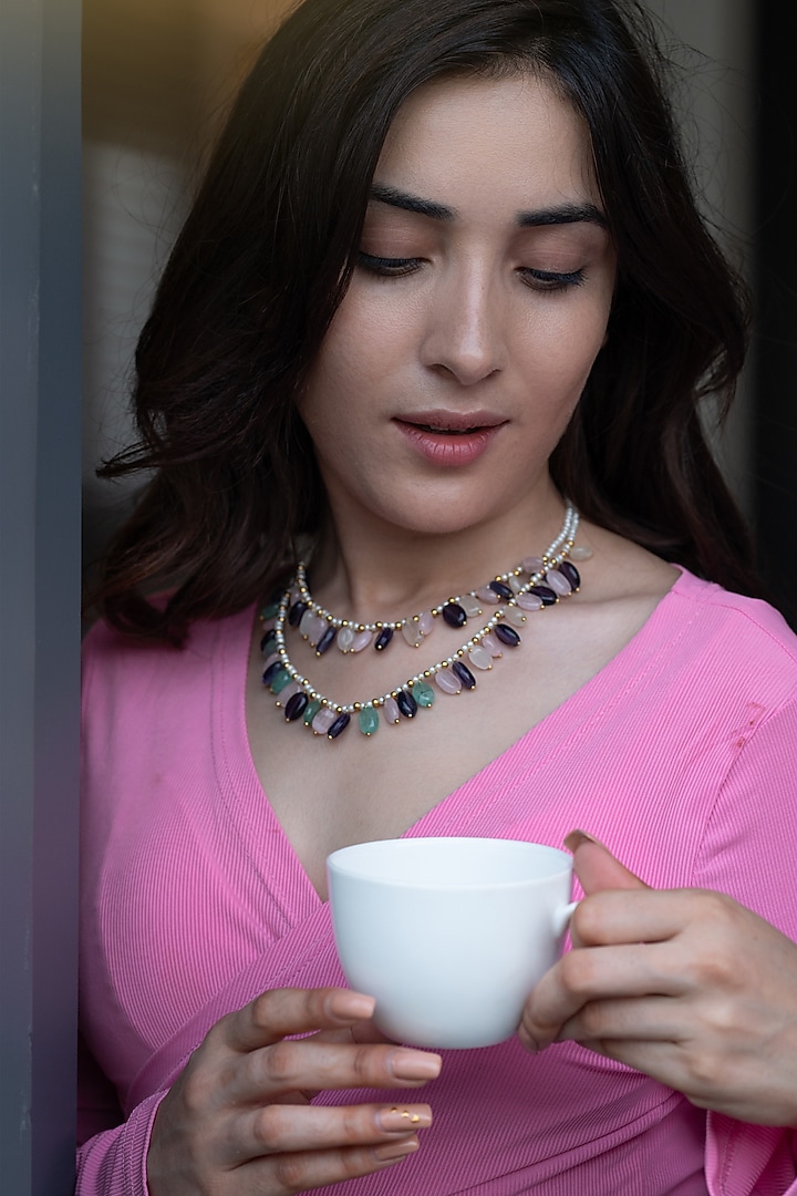 Gold Plated Natural Stone & Shell Pearl Layered Necklace by Do Taara at Pernia's Pop Up Shop