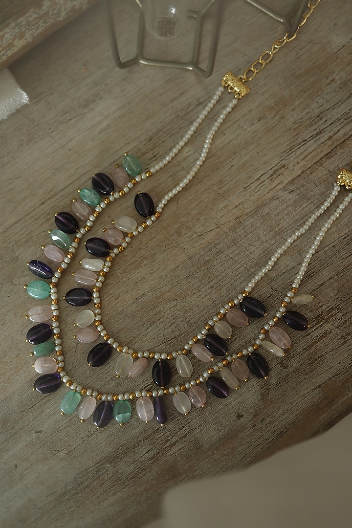 Gold Plated Natural Stone & Shell Pearl Layered Necklace by Do Taara at Pernia's Pop Up Shop