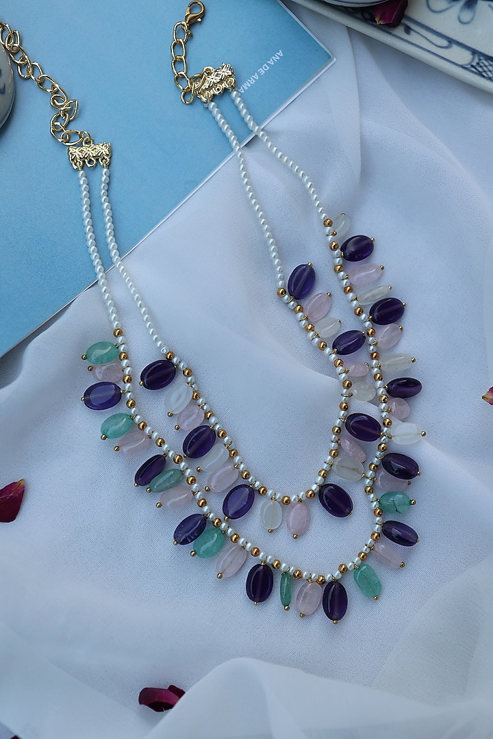 Gold Plated Natural Stone & Shell Pearl Layered Necklace by Do Taara at Pernia's Pop Up Shop