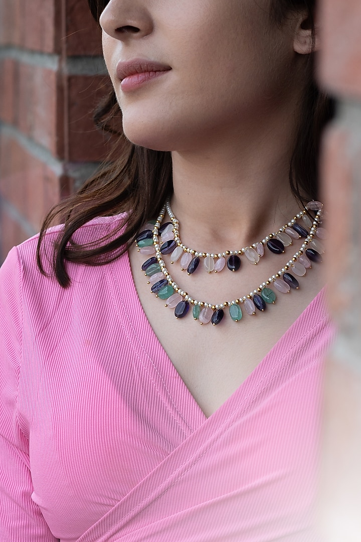 Gold Plated Natural Stone & Shell Pearl Layered Necklace by Do Taara at Pernia's Pop Up Shop