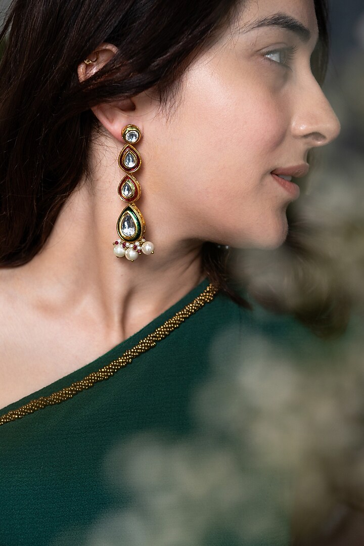 Gold Plated Kundan Polki & Pearl Dangler Earrings by Do Taara at Pernia's Pop Up Shop