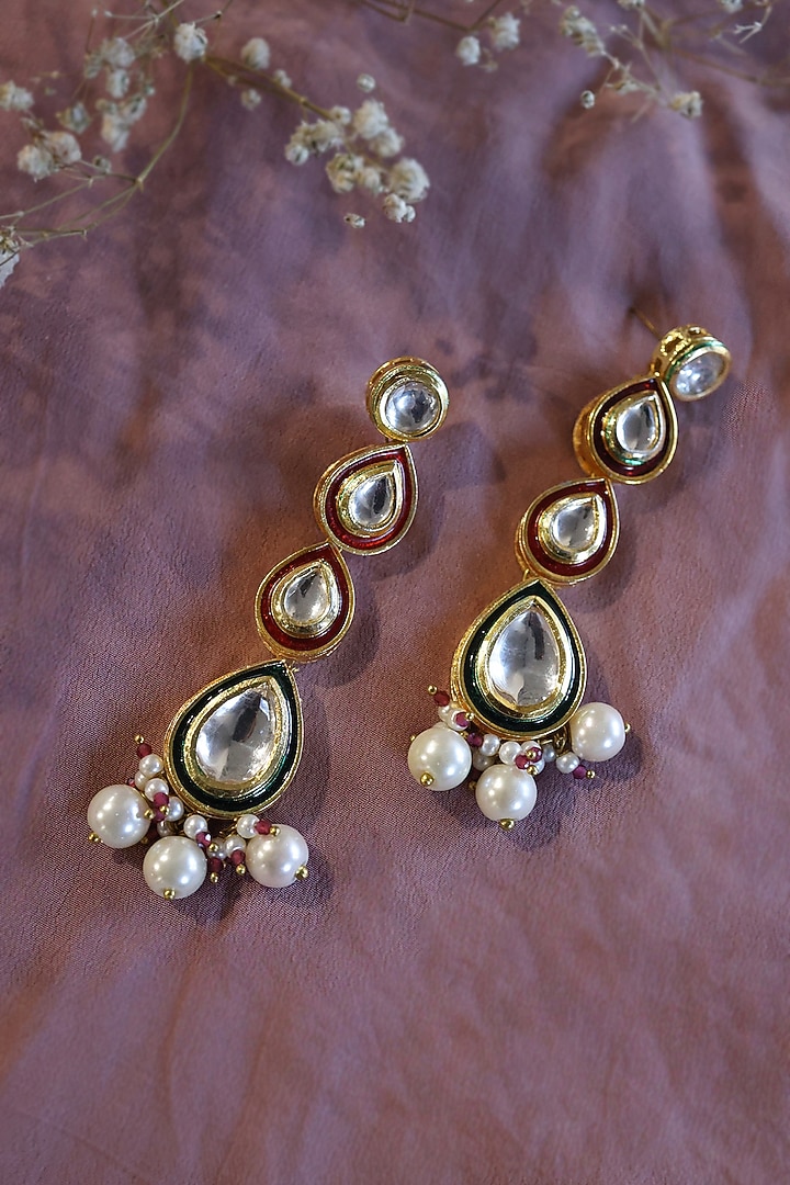 Gold Plated Kundan Polki & Pearl Dangler Earrings by Do Taara at Pernia's Pop Up Shop