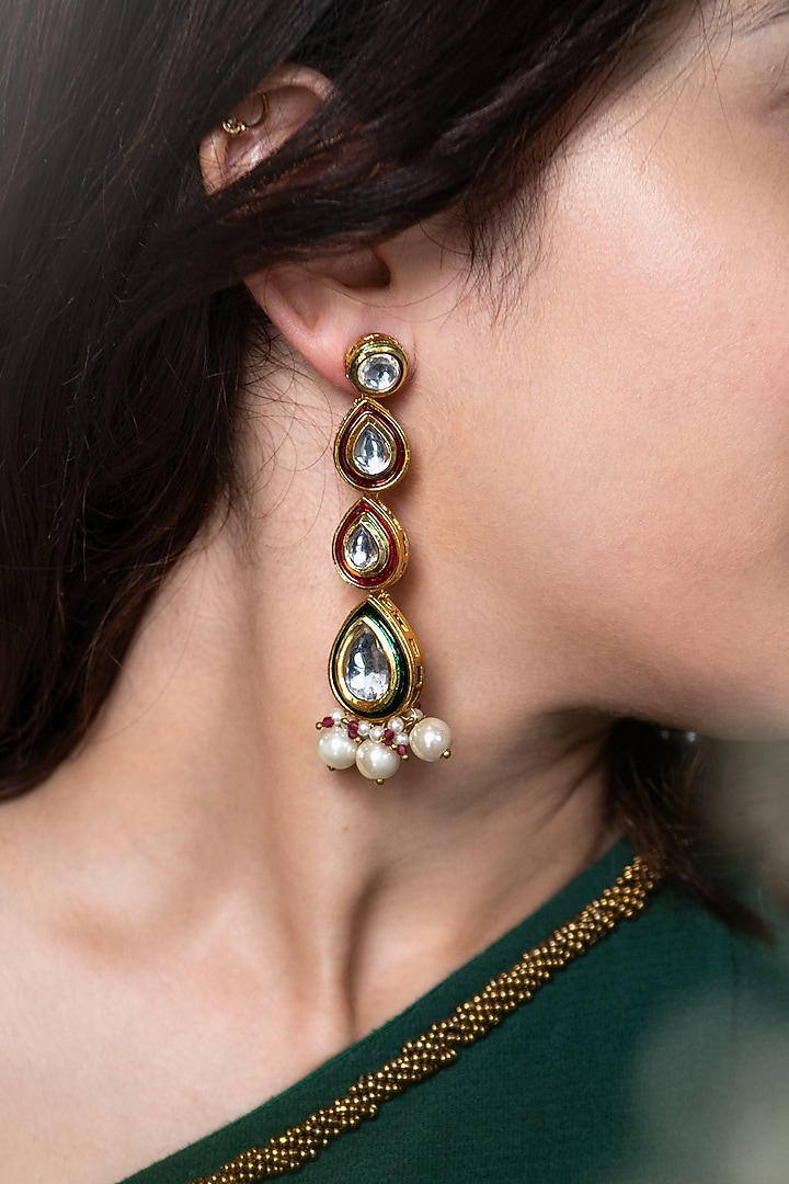 Gold Plated Kundan Polki & Pearl Dangler Earrings by Do Taara at Pernia's Pop Up Shop