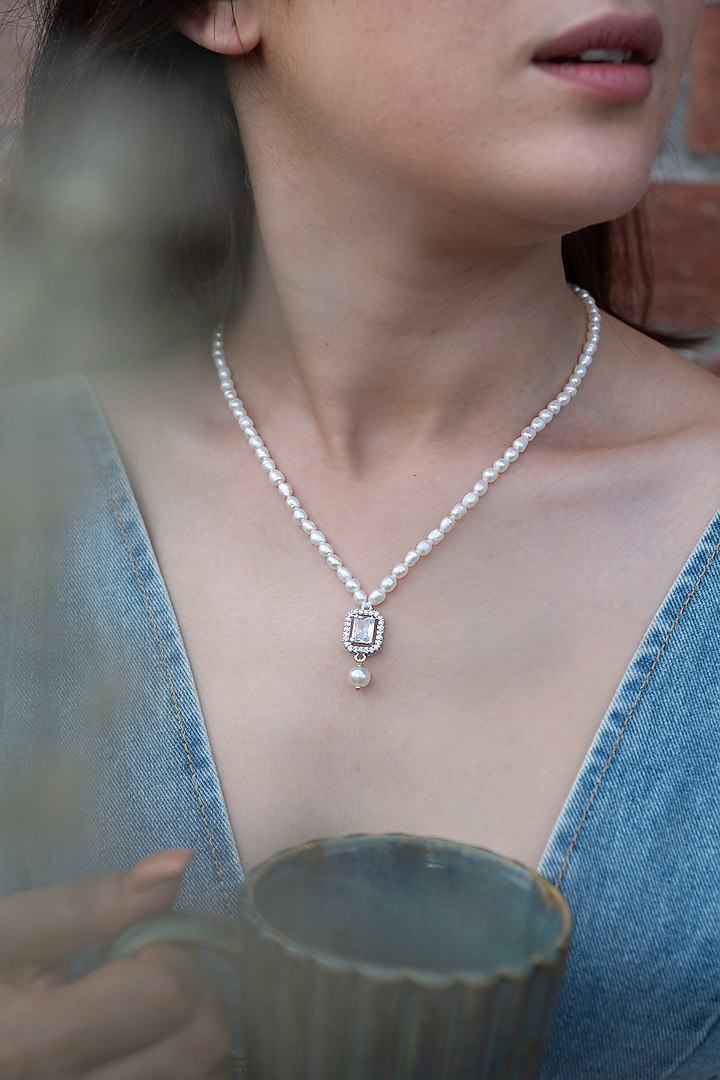 Gold Plated Pearl & Faux Diamond Pendant Necklace by Do Taara at Pernia's Pop Up Shop
