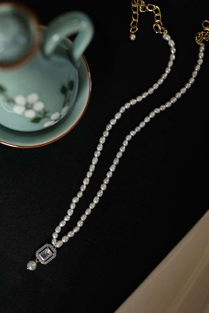 Gold Plated Pearl & Faux Diamond Pendant Necklace by Do Taara at Pernia's Pop Up Shop