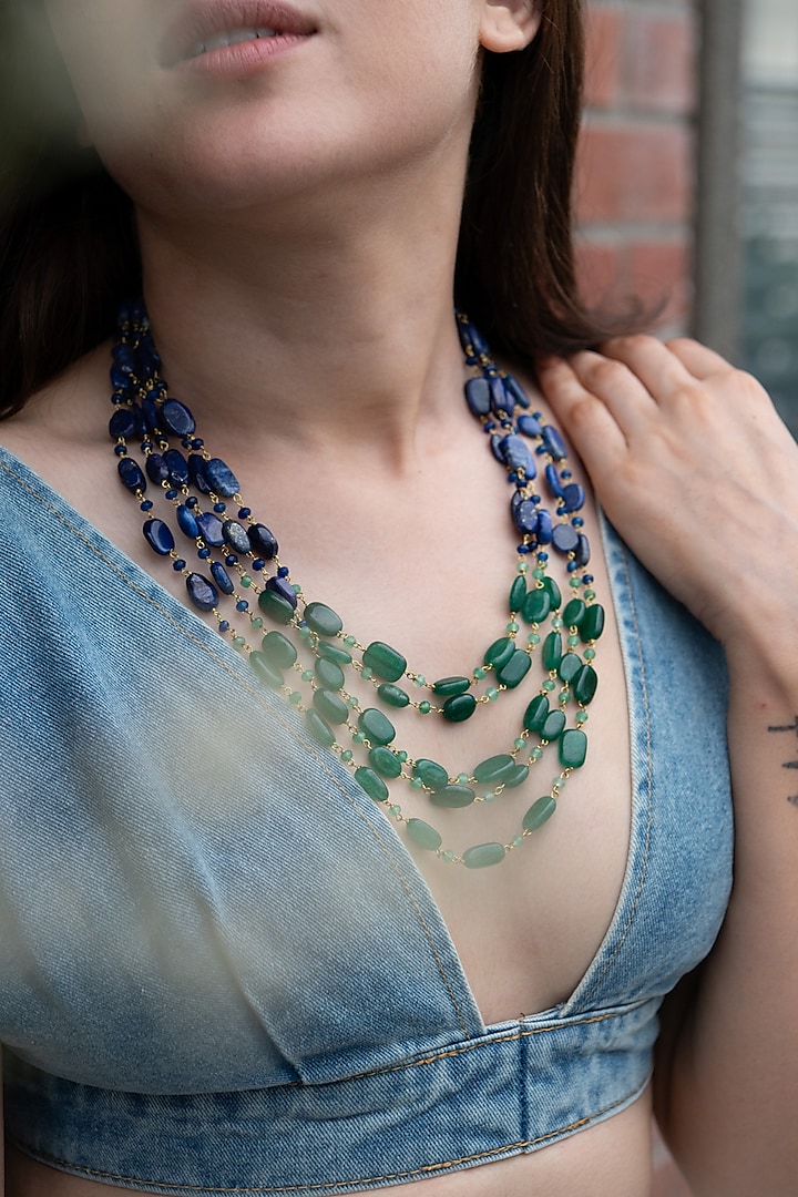 Gold Plated Lapis Lazuli & Green Natural Stone Layered Necklace by Do Taara at Pernia's Pop Up Shop