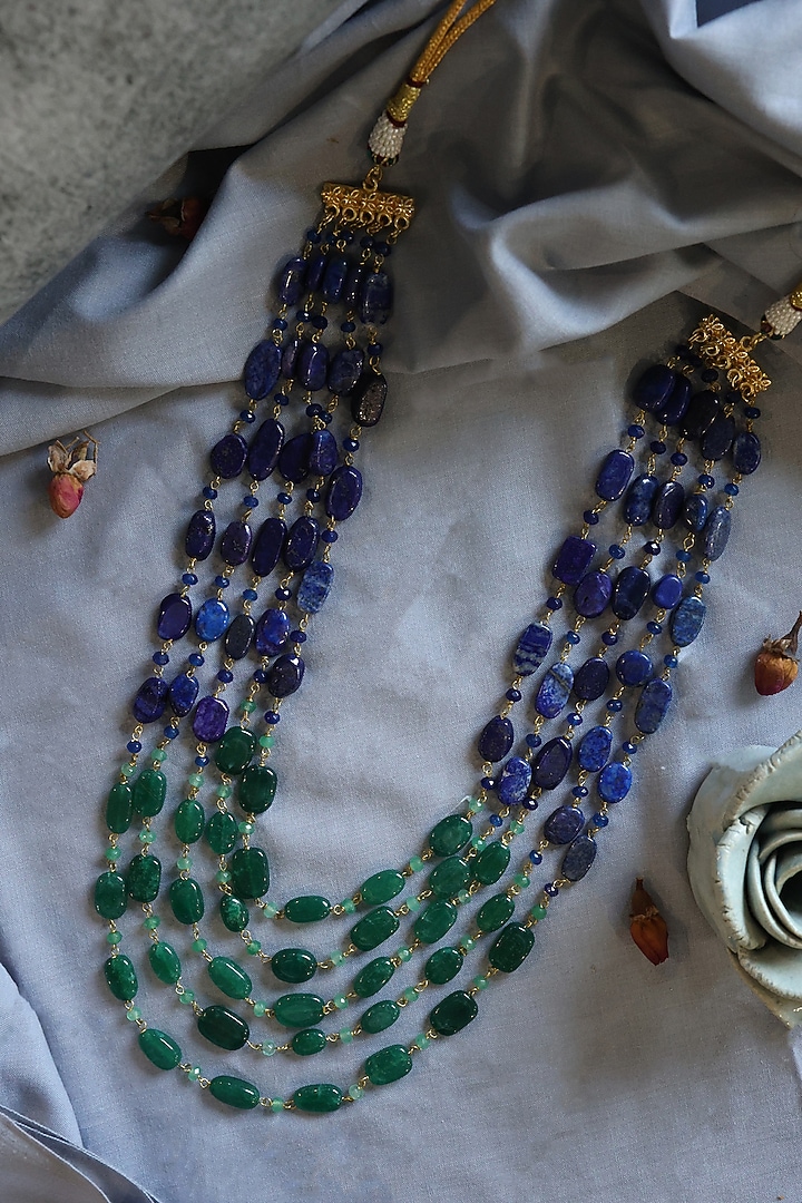 Gold Plated Lapis Lazuli & Green Natural Stone Layered Necklace by Do Taara at Pernia's Pop Up Shop