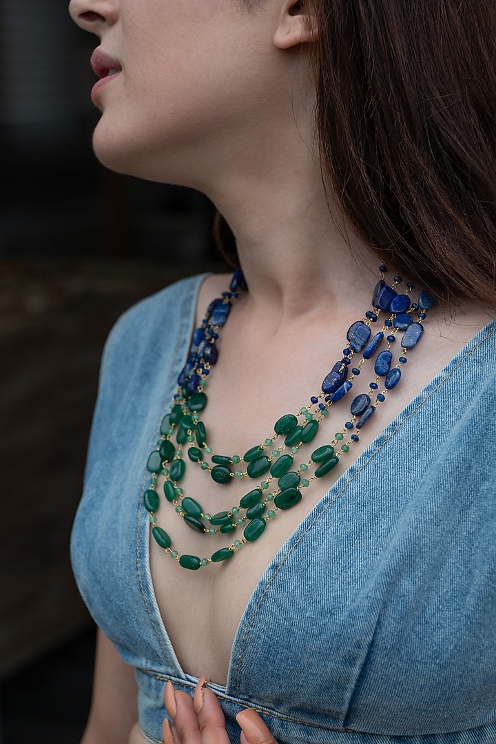Gold Plated Lapis Lazuli & Green Natural Stone Layered Necklace by Do Taara at Pernia's Pop Up Shop