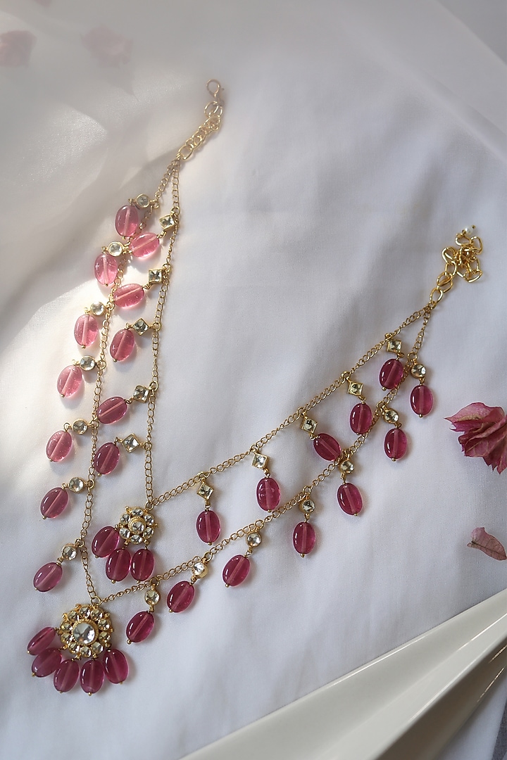 Gold Plated Kundan Polki & Pink Natural Stone Layered Necklace by Do Taara at Pernia's Pop Up Shop