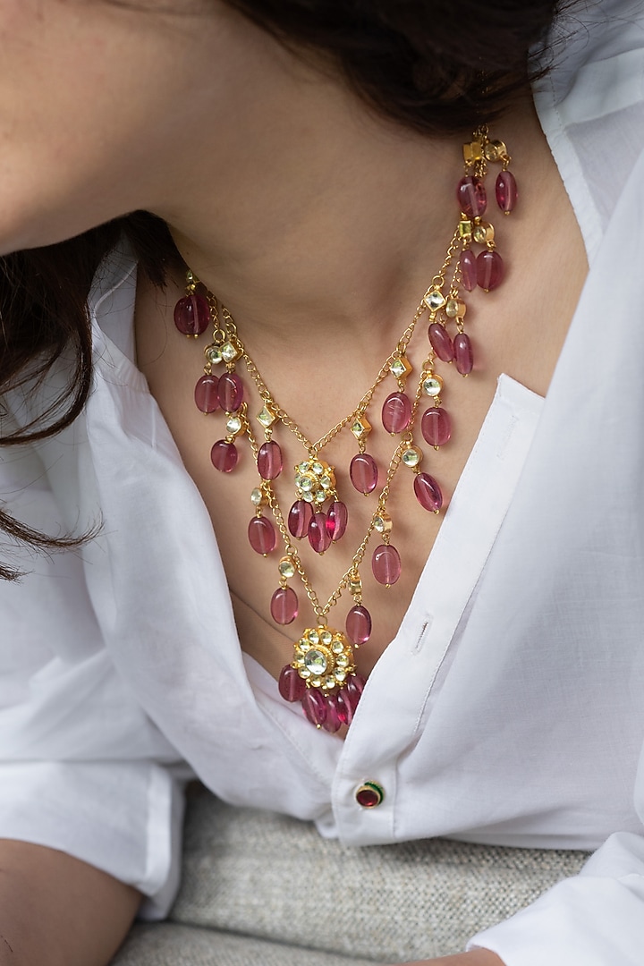 Gold Plated Kundan Polki & Pink Natural Stone Layered Necklace by Do Taara at Pernia's Pop Up Shop