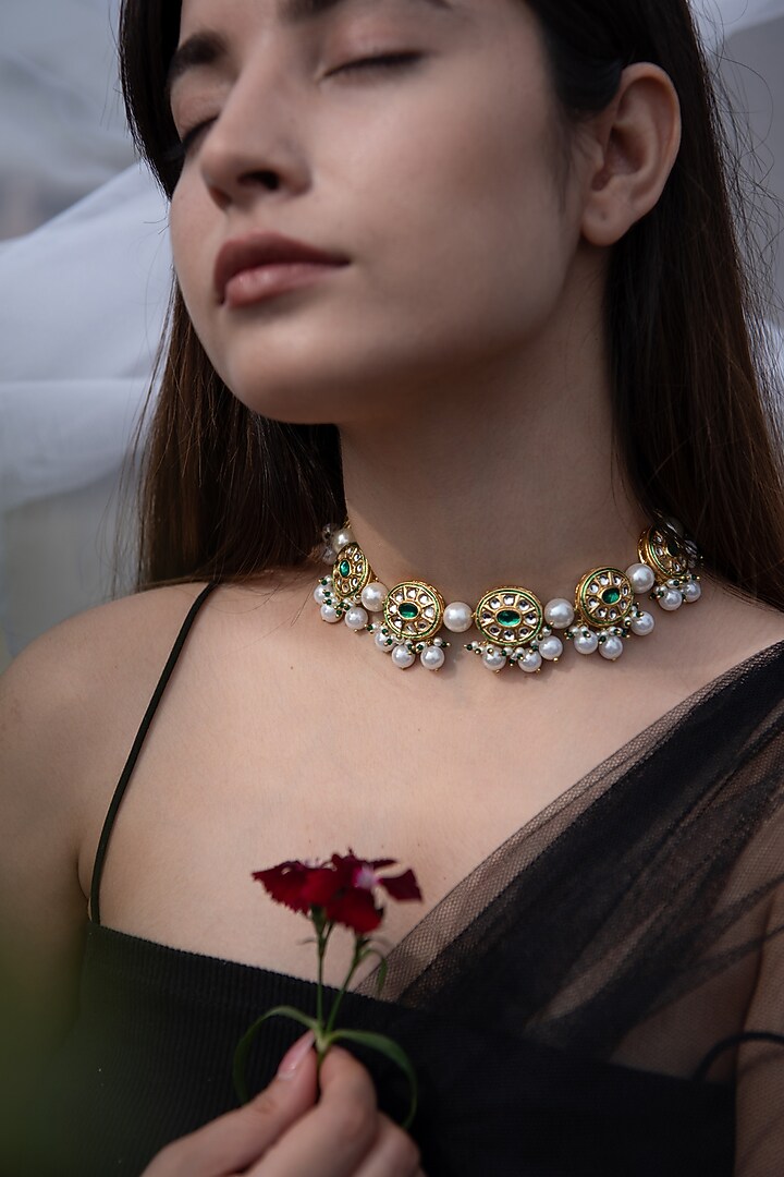 Gold Plated Kundan & Pearl Choker Necklace by Do Taara at Pernia's Pop Up Shop