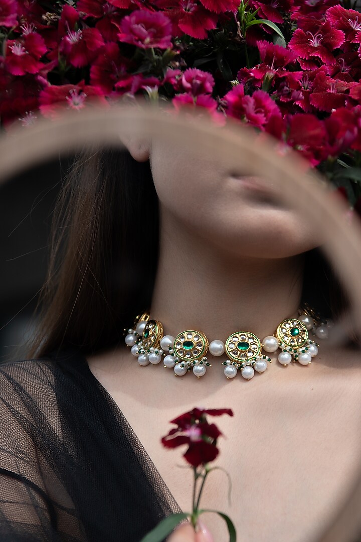 Gold Plated Kundan & Pearl Choker Necklace by Do Taara at Pernia's Pop Up Shop