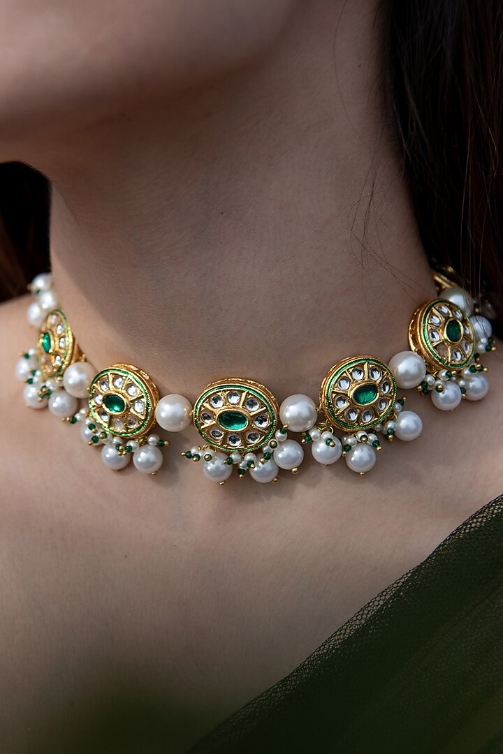 Gold Plated Kundan & Pearl Choker Necklace by Do Taara at Pernia's Pop Up Shop