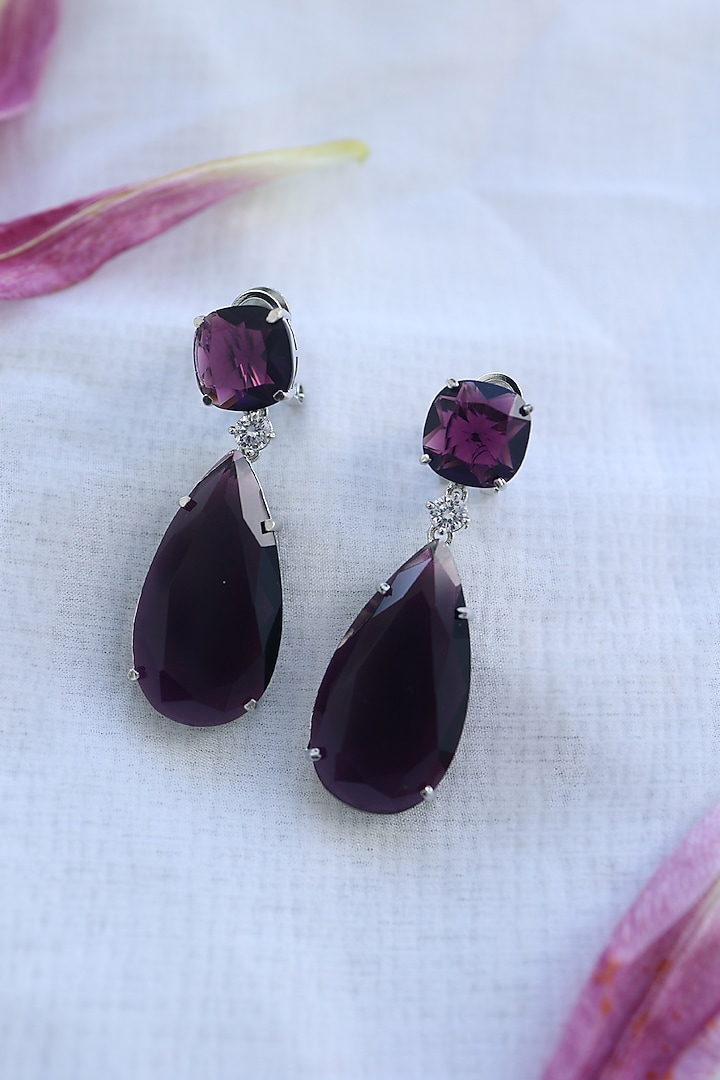 Rhodium Finish Purple Stone Dangler Earrings by Do Taara at
