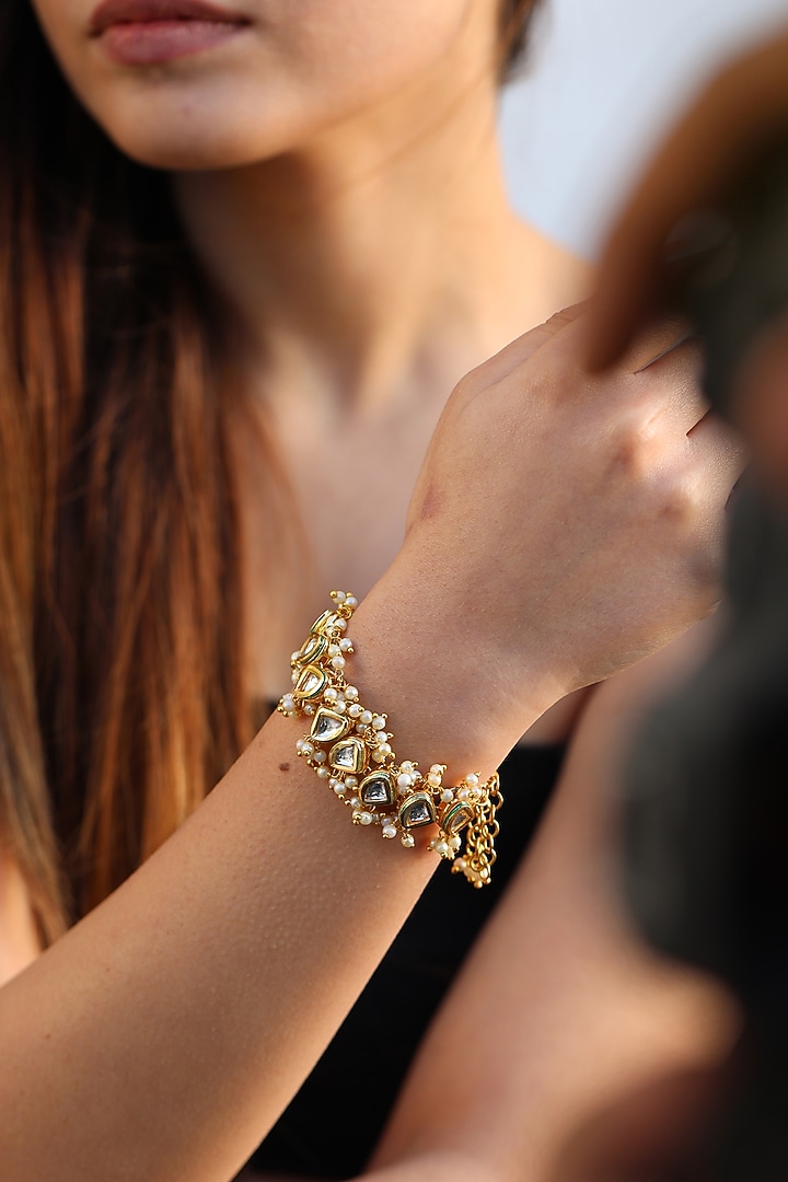Gold Plated Kundan & Pearl Bracelet by Do Taara at Pernia's Pop Up Shop