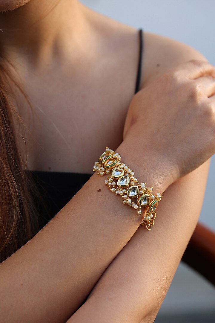 Gold Plated Kundan & Pearl Bracelet by Do Taara at Pernia's Pop Up Shop