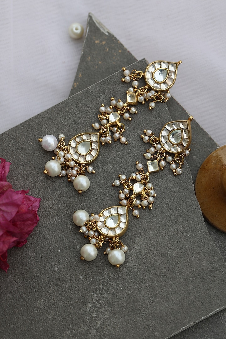 Gold Plated Kundan & Pearl Dangler Earrings by Do Taara at Pernia's Pop Up Shop