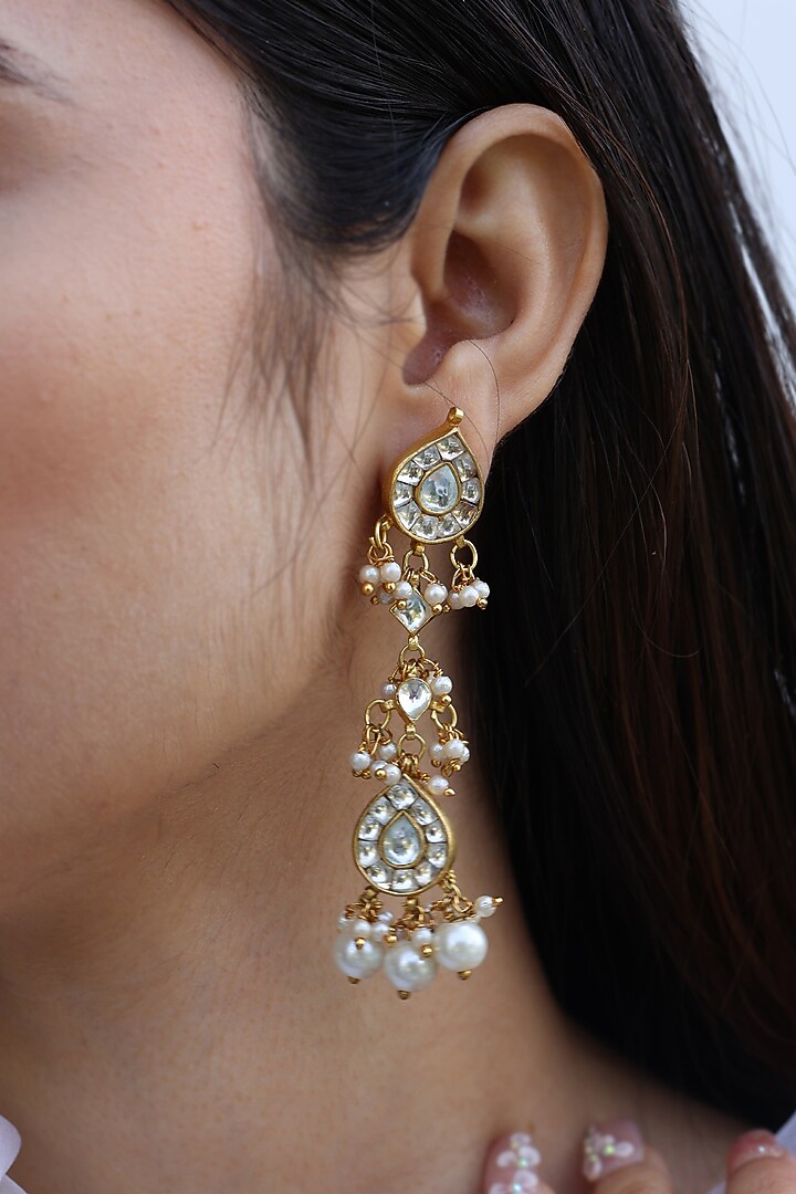 Gold Plated Kundan & Pearl Dangler Earrings by Do Taara at Pernia's Pop Up Shop