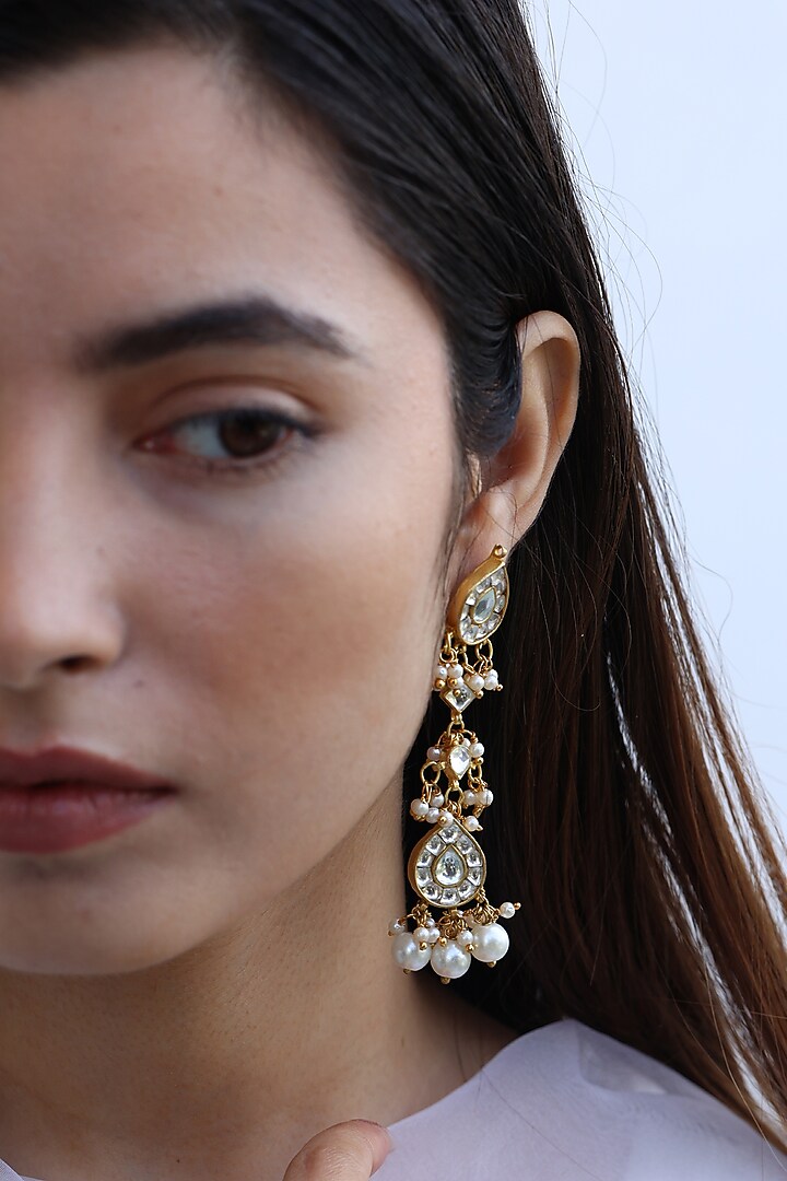 Gold Plated Kundan & Pearl Dangler Earrings by Do Taara at Pernia's Pop Up Shop