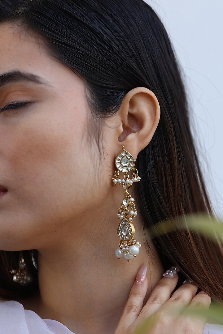 Gold Plated Kundan & Pearl Dangler Earrings by Do Taara at Pernia's Pop Up Shop