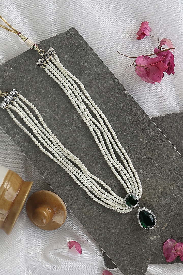 Rhodium Finish Emerald Stone Necklace by Do Taara at Pernia's Pop Up Shop