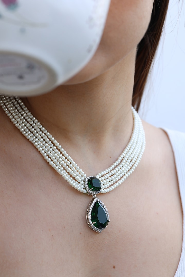 Rhodium Finish Emerald Stone Necklace by Do Taara at Pernia's Pop Up Shop