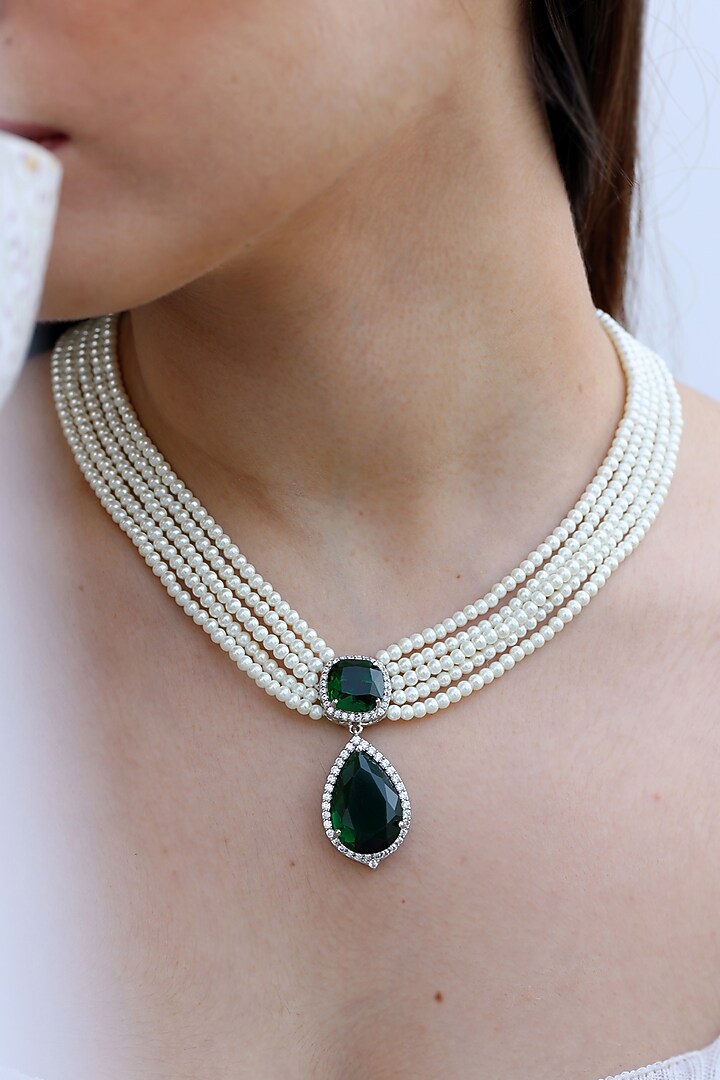 Rhodium Finish Emerald Stone Necklace by Do Taara at Pernia's Pop Up Shop