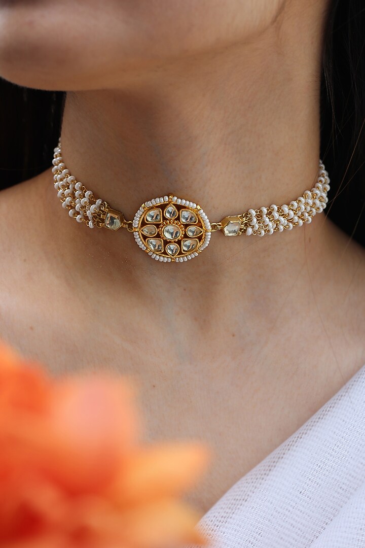Gold Plated Kundan Polki Choker Necklace by Do Taara at Pernia's Pop Up Shop