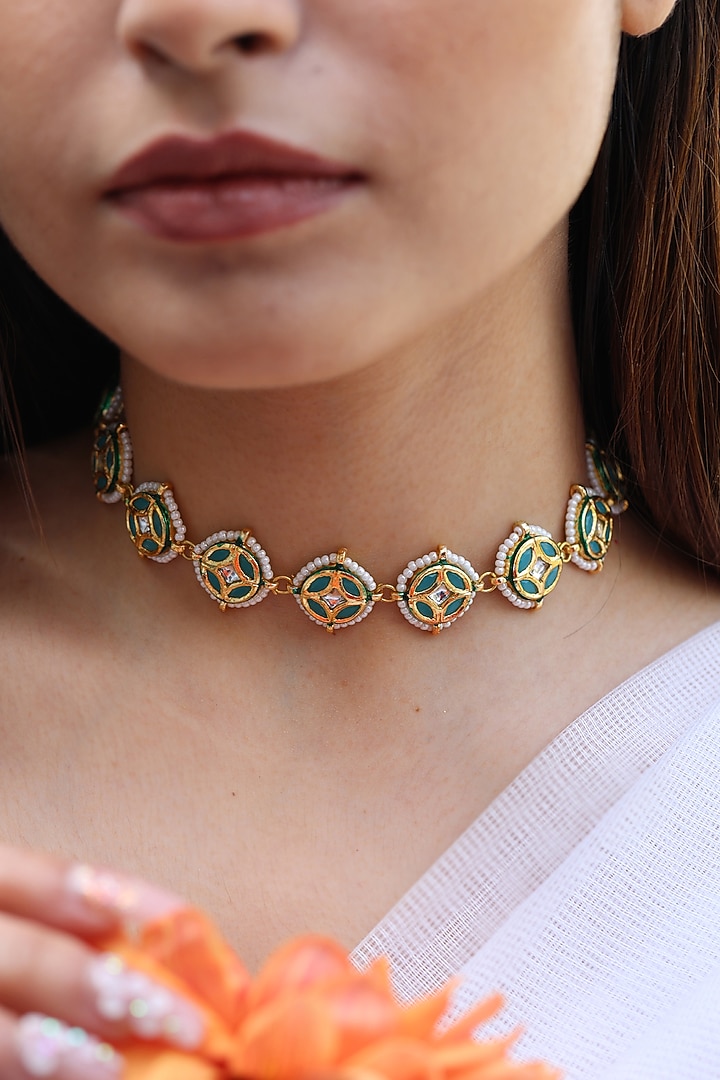 Gold Plated Kundan Polki Meenakari Choker Necklace by Do Taara at Pernia's Pop Up Shop
