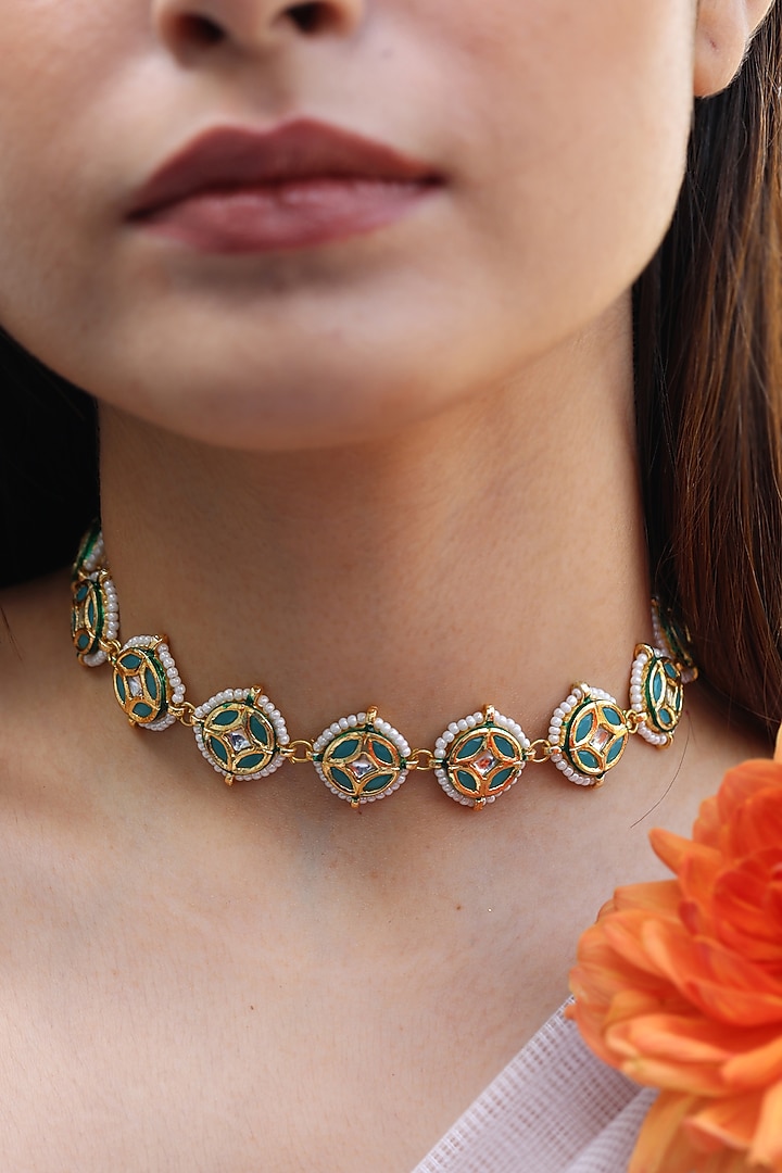 Gold Plated Kundan Polki Meenakari Choker Necklace by Do Taara at Pernia's Pop Up Shop
