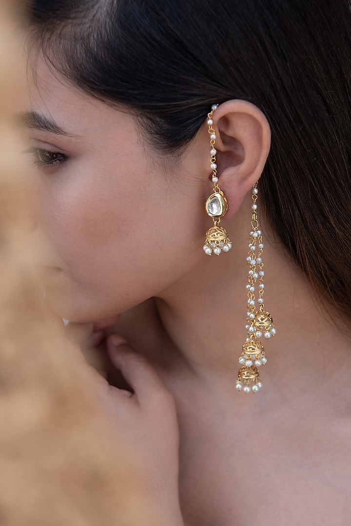 Gold Plated Kundan & Pearl Jhumka Earrings by Do Taara at Pernia's Pop Up Shop