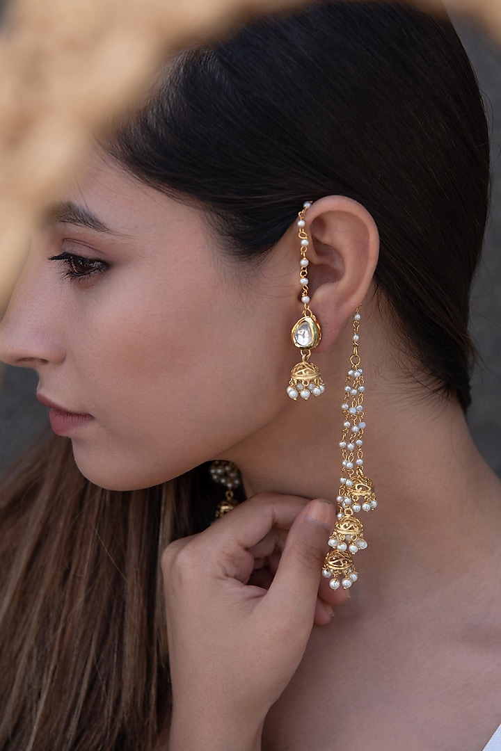 Gold Plated Kundan & Pearl Jhumka Earrings by Do Taara at Pernia's Pop Up Shop