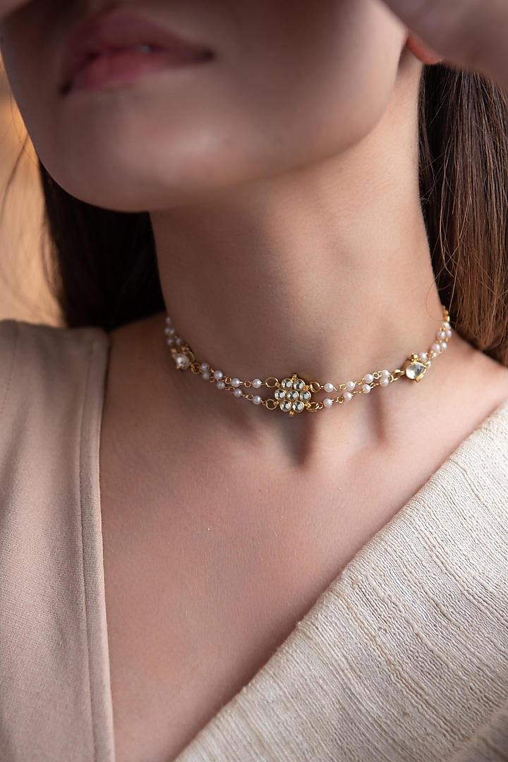 Gold Plated Kundan & Pearl Choker Necklace by Do Taara at Pernia's Pop Up Shop