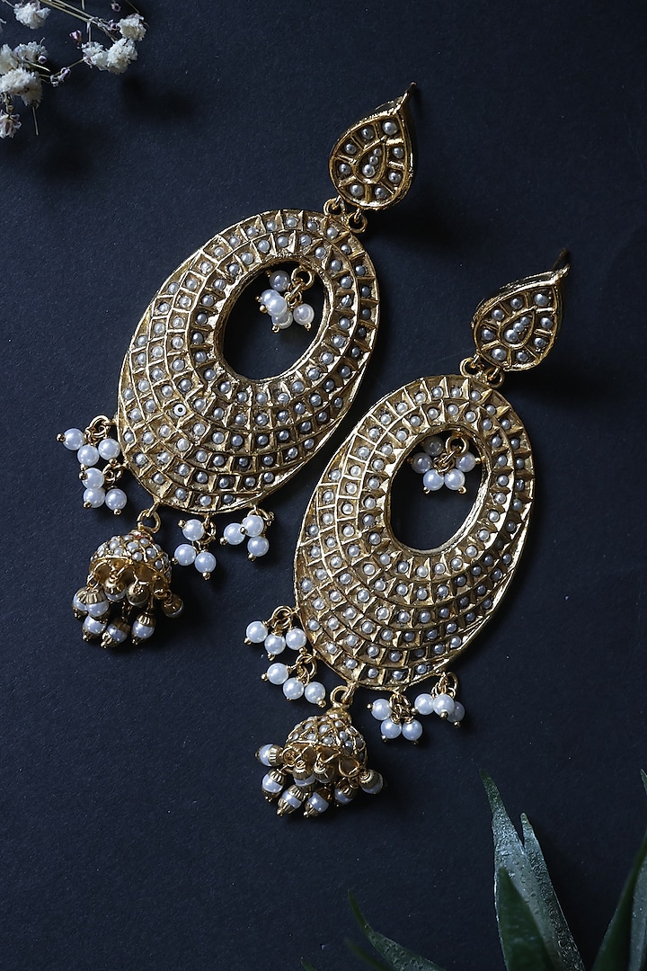 Gold Plated Pearl Dangler Earrings by Do Taara