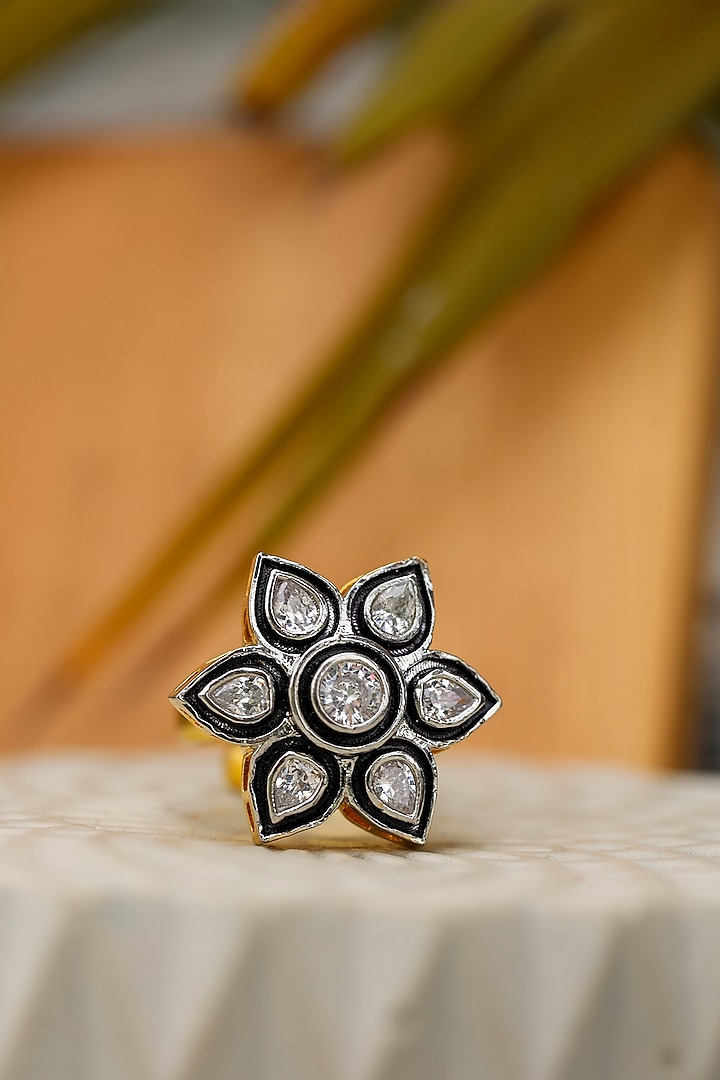 Rhodium Finish Faux Diamond Floral Ring by Do Taara at Pernia's Pop Up Shop