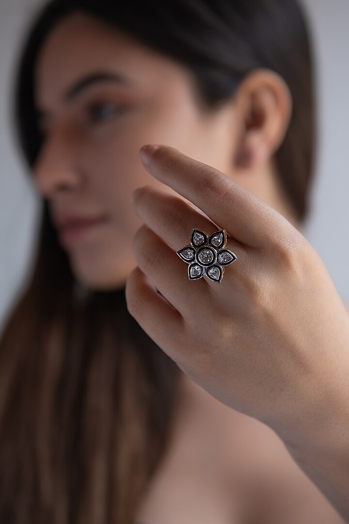 Rhodium Finish Faux Diamond Floral Ring by Do Taara at Pernia's Pop Up Shop