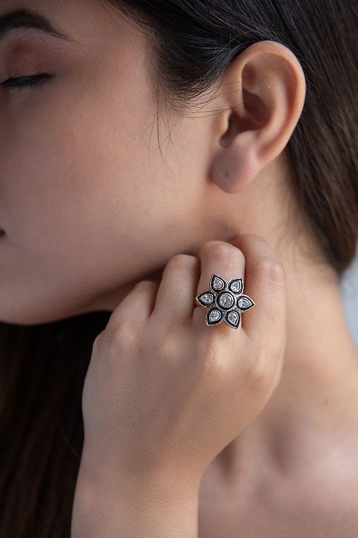Rhodium Finish Faux Diamond Floral Ring by Do Taara at Pernia's Pop Up Shop