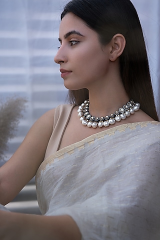 Rhodium Finish Kundan Polki & Pearl Necklace by Do Taara