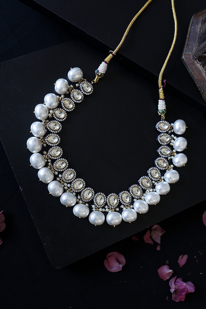 Rhodium Finish Kundan Polki & Pearl Necklace by Do Taara at Pernia's Pop Up Shop