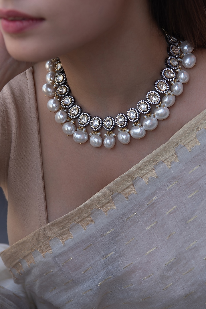 Rhodium Finish Kundan Polki & Pearl Necklace by Do Taara at Pernia's Pop Up Shop