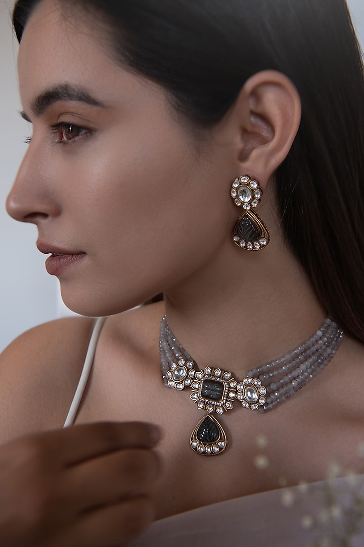 Gold Plated Natural Stone & Kundan Polki Necklace Set by Do Taara at Pernia's Pop Up Shop