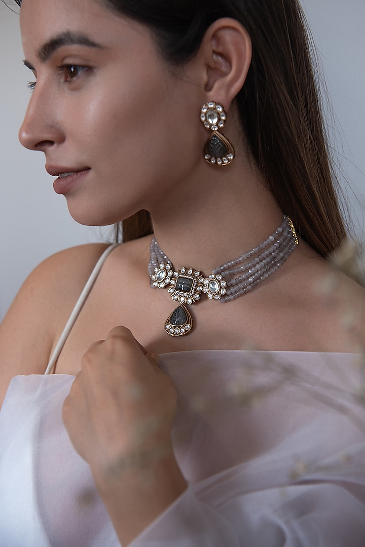 Gold Plated Natural Stone & Kundan Polki Necklace Set by Do Taara at Pernia's Pop Up Shop