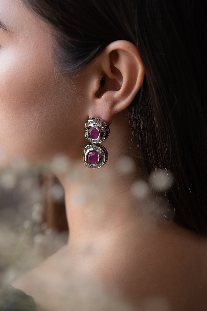 Rhodium Finish Cubic Zirconia & Kundan Polki Enamelled Dangler Earrings by Do Taara at Pernia's Pop Up Shop