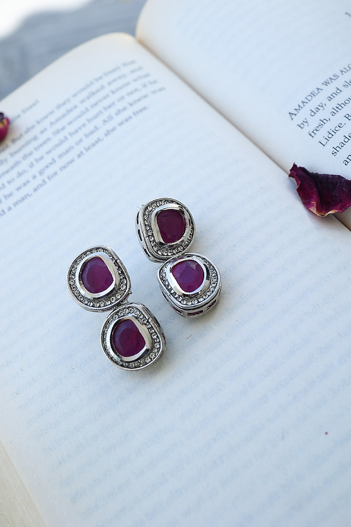 Rhodium Finish Cubic Zirconia & Kundan Polki Enamelled Dangler Earrings by Do Taara at Pernia's Pop Up Shop