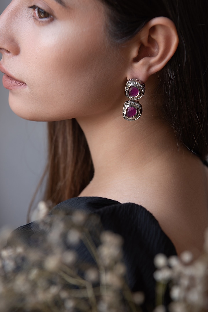 Rhodium Finish Cubic Zirconia & Kundan Polki Enamelled Dangler Earrings by Do Taara at Pernia's Pop Up Shop