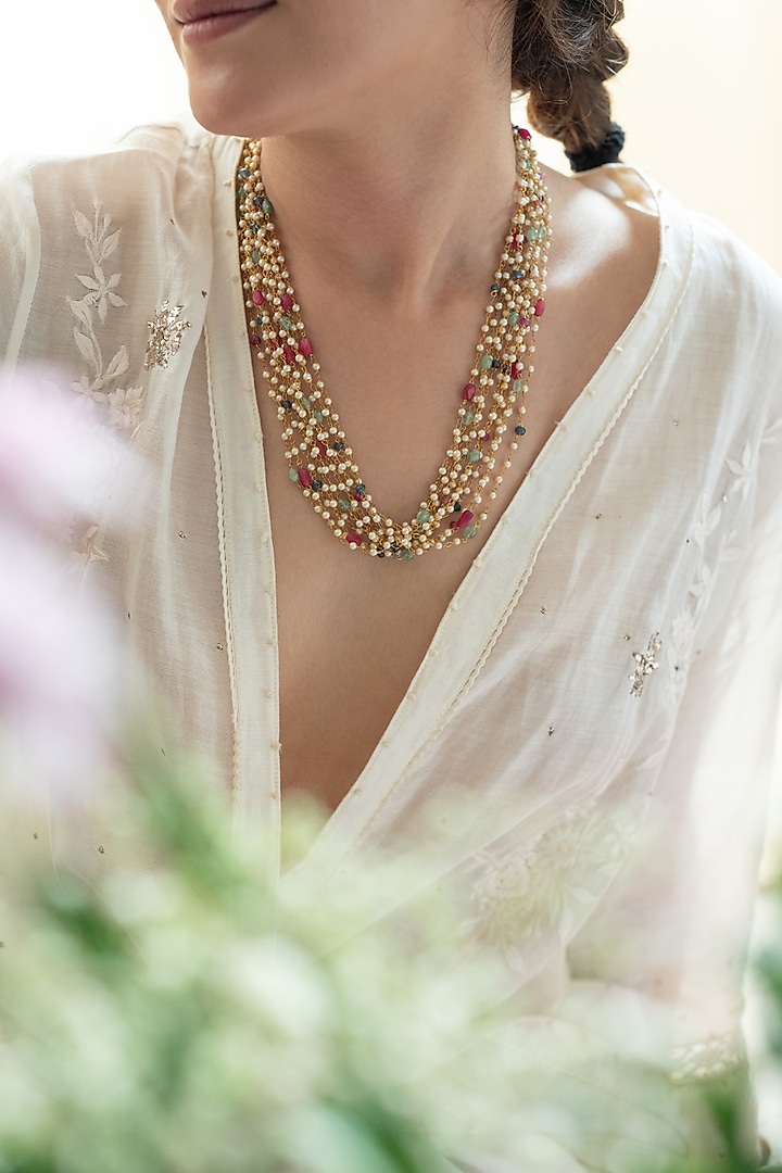 Gold Plated Seed Pearl & Multi-Colored Natural Stone Layered Necklace by Do Taara at Pernia's Pop Up Shop