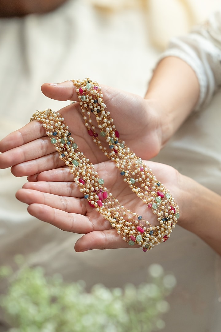 Gold Plated Seed Pearl & Multi-Colored Natural Stone Layered Necklace by Do Taara at Pernia's Pop Up Shop