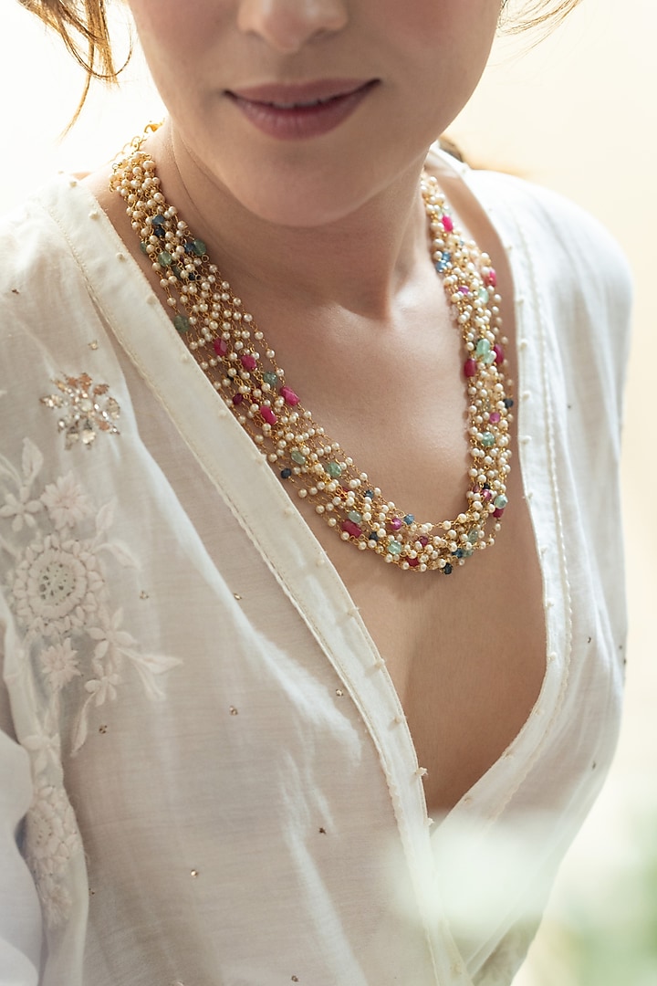 Gold Plated Seed Pearl & Multi-Colored Natural Stone Layered Necklace by Do Taara at Pernia's Pop Up Shop