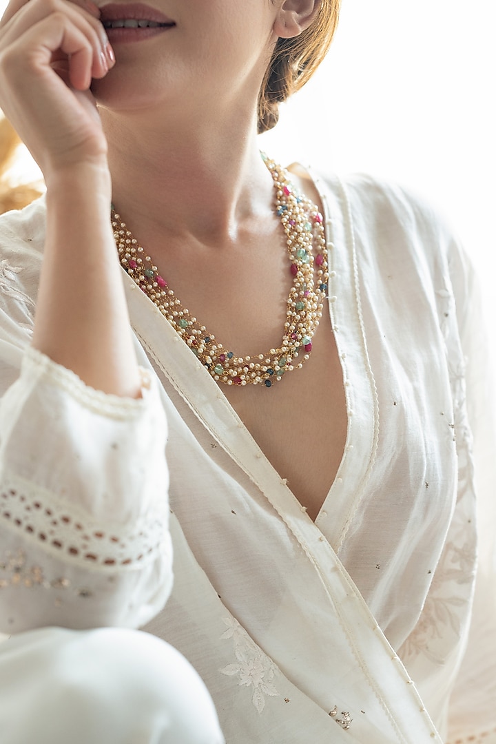Gold Plated Seed Pearl & Multi-Colored Natural Stone Layered Necklace by Do Taara at Pernia's Pop Up Shop