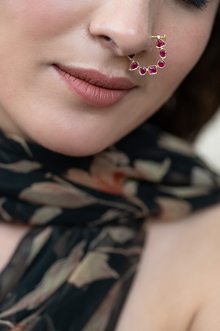Gold Plated Kundan Polki & Pink Garnet Stone Nose Pin by Do Taara at Pernia's Pop Up Shop